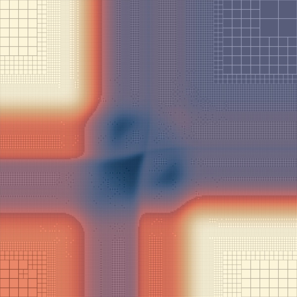 2D Riemann problem (config 12): field and adaptive mesh