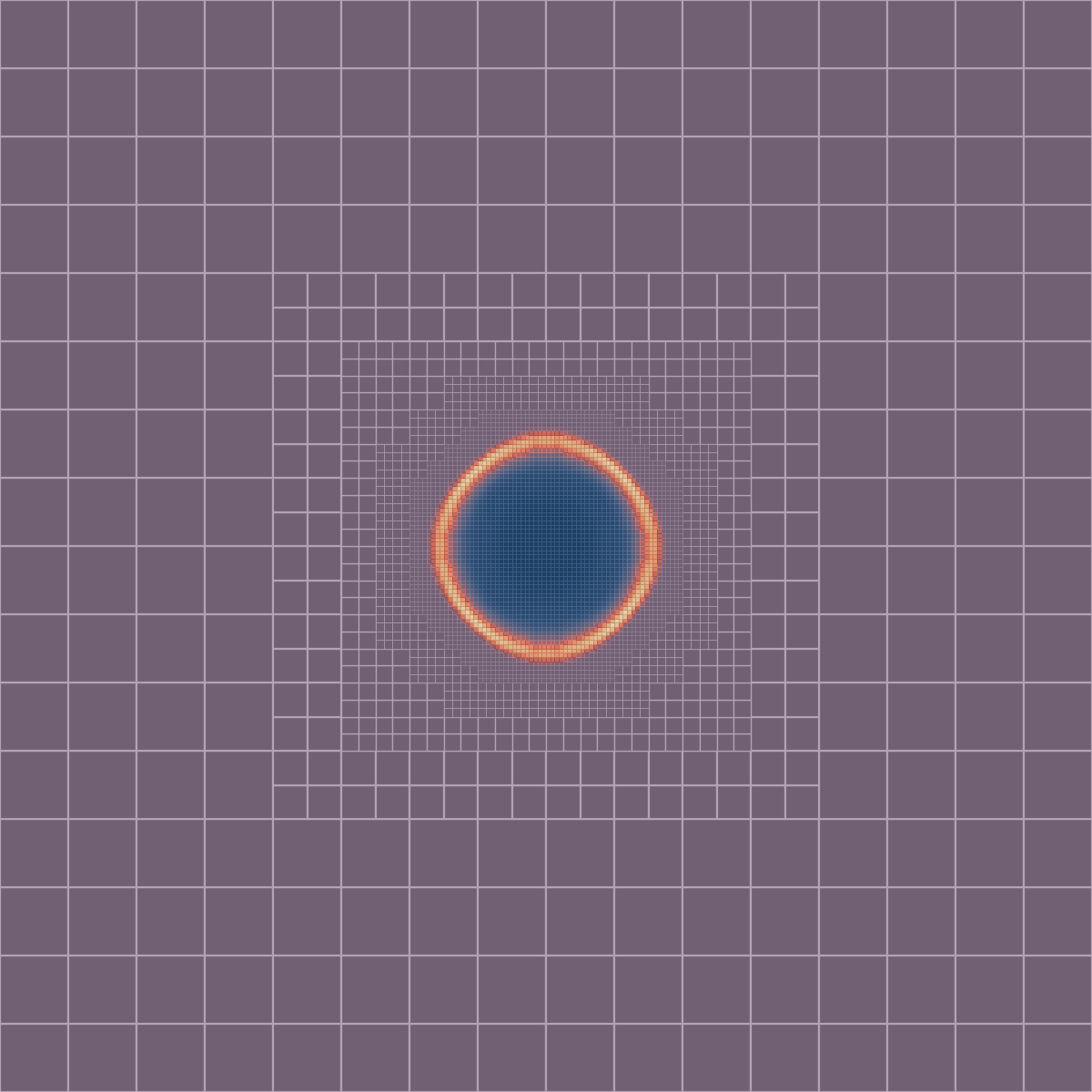 Sedov blast wave: field and adaptive mesh
